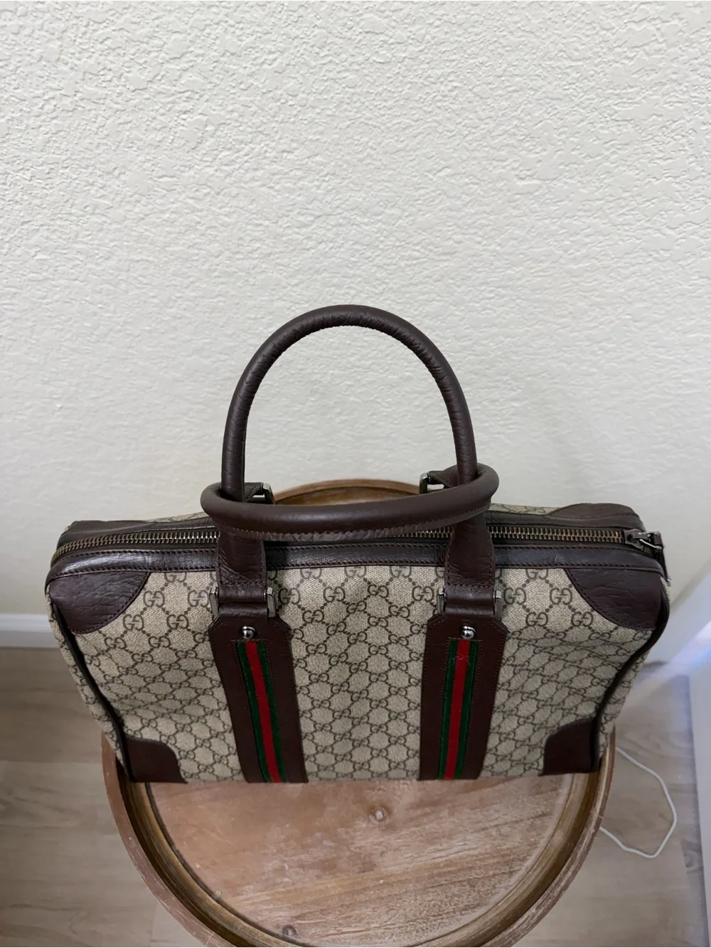 Gucci Beige GG Canvas Travel/Briefcase with Brown Leather and Green-Red Web